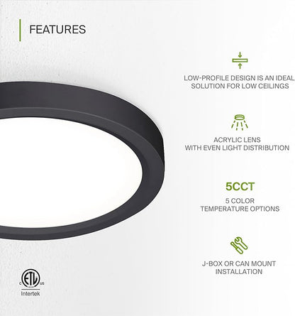 ASD LED 7" Round Flush Mount Ceiling Light Fixture, Low Profile Surface Lighting | 5CCT, Dimmable, Ultra-Thin, ETL Listed | 15W 1260LM 2700-6000K 120V | Kitchen, Bedroom, Hallway Lamp | Black, 6 Pack