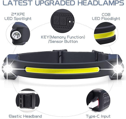 LED Headlamp with Motion Sensor, 6 Modes, 260° Wide Angle, XPE Spotlight & COB Floodlight, USB-C Fast Charging, 7.5h Battery Life