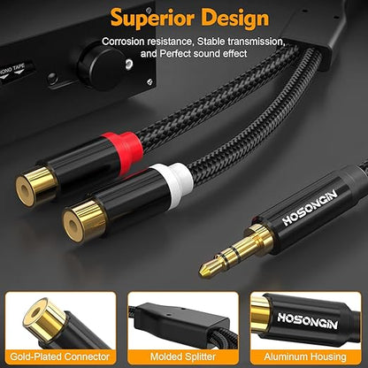 HOSONGIN RCA Female to 3.5mm Male Audio Cable (12 inch) 2 Pack, Gold-Plated Aux to 2RCA Female Adapter – Hi-Fi Stereo Y Splitter for iPhone, TV, Amp, Car, DJ Gear – Nylon Braided, Oxygen-Free Copper