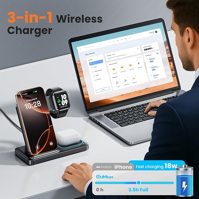 DUMTERR 3 in 1 Wireless Charger for iphone 16 15 14 13 12 11 XR 8, Apple Charging Station for Apple Watch 10/9/Ultra/8/7/SE/6/5/4 & AirPods Series, Wireless Charging Station for Multiple Devices Apple
