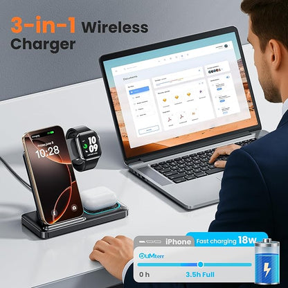 DUMTERR 3 in 1 Wireless Charger for iphone 16 15 14 13 12 11 XR 8, Apple Charging Station for Apple Watch 10/9/Ultra/8/7/SE/6/5/4 & AirPods Series, Wireless Charging Station for Multiple Devices Apple