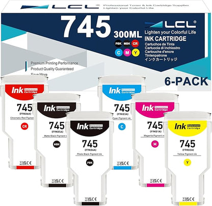 LCL 745 Ink Cartridge 300ml High Capacity Replacement for HP 745 Ink Cartridge 745 XL F9K06A F9K05A F9K04A F9K03A F9K02A F9K01A for DesignJet Z2600 Z5600 Postscript Printers (6-Pack MBK/PBK/C/M/Y/R)