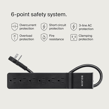 Belkin Surge Protector Power Strip with 6 AC Outlets, 6ft/1.8M Long Heavy-Duty Extension Cord, & 360-Degree Rotating AC Plug for Conference Rooms, Computer Desktops, & More - 600 Joules of Protection