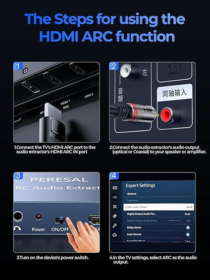 192KHz HDMI ARC Audio Extractor with Optical Cable ARC Converter HDMI ARC to Optical TOSLINK SPDIF Coaxial, RCA+3.5mm Jack L/R Stereo, Audio Splitter for HDTV to Soundbar Amplifier Speakers headphones