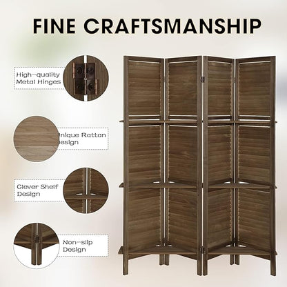 4 Panel Room Divider with Shelves, Room Dividers and Folding Privacy Screens, Folding Room Dividers 4 Panel, Wood Room Divider with 3 Display Shelves for Home Office (Brown)