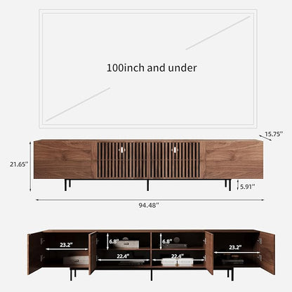 gaoyangjiaju 94.48" Mid-Century Modern TV Stand, Walnut Media Console with 4 Storage Cabinets, Entertainment Center for TVs up to 100 Inches, Ideal for Living Room or Bedroom