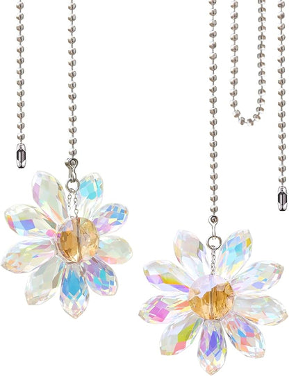 LEFERS Ceiling Fan Pull Chain, 2 Pieces 1.8" Crystal Glass Flower Pendants with 24" Ceiling Fan Chain Extender and Connector (Crystal AB)