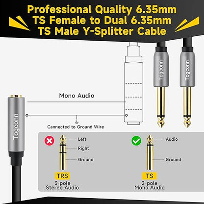 Togconn 1/4 inch TS Mono Splitter Y Adapter, 6.35mm Mono Female to Dual 6.35 mm TS Mono Male Jack, Quarter inch Audio Speaker Splitter Converter Cable 1 Feet, Gold Plated Connectors