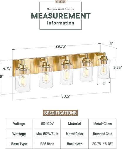 METWET 5-Light Bathroom Light Fixtures, 30 Inch Brushed Gold Vanity Light with Cylinder Clear Glass Shade, Modern Vanity Lighting Fixtures Over Mirror, VL143-BG-5