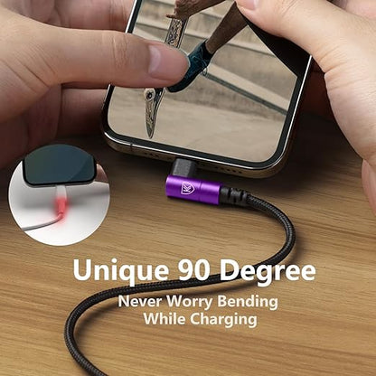 KIYODA iPhone Charger Cable 6ft, 3 Pack Lightning Cable, 90 Degree Nylon Braided Gaming Charging Cord, USB to Lightning Cable Compatible with 13 12 11 Pro XS MAX XR X 8 7 6S Plus SE iPad iPod, Purple