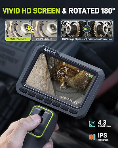 Anykit Articulating Borescope, 210° Two-Way 0.22in Slim Probe Endoscope with High-Brightness LED Lights, 4.3" IPS HD Video Inspection Snake Camera for Automotive Engine Inspect - 4FT
