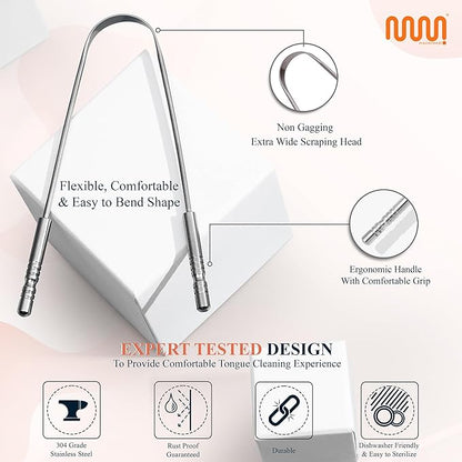 MasterMedi Tongue Scraper with Multicolor Cases (2 Pack), 100% Stainless Steel, Reduce Bad Breath, Easy to Use Tongue Scraper for Adults, Tongue Cleaner for Oral Care & Hygiene