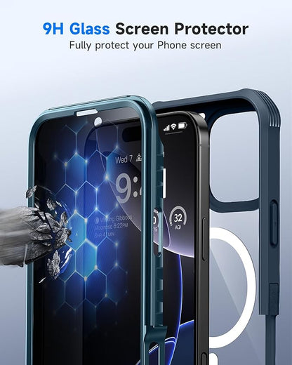 seacosmo for iPhone 16 Pro Case, Full Body Bumper with Built-in 9H Tempered Glass Privacy Screen Protector and Camera Lens Protector, Compatible with MagSafe, Shockproof Phone Cover, 6.3", Blue