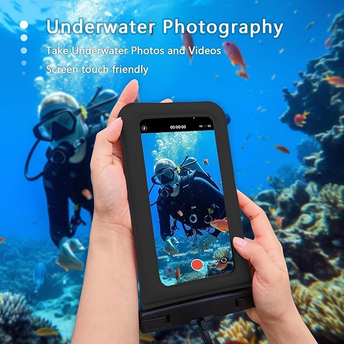 Floatable Waterproof Phone Pouch Case 2 pax for iPhone 16 Pro Max/15/14/13/12, IP68 Travel Cellphone Dry Bag Beach Cruise Ship Essentials Bags with Crossbody Lanyard,Black and White-7″