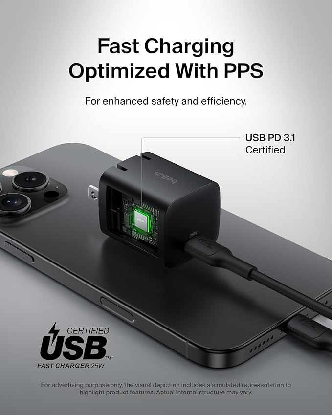 Belkin USB C Charger Block 25W – PD3.0 PPS Super Fast Charging - Samsung Galaxy S25, S24, S23, S22, Apple iPhone 16, iPhone 15/14/13 Plus, Pro, Pro Max, Google Pixel 9, Nintendo Switch, etc - Black