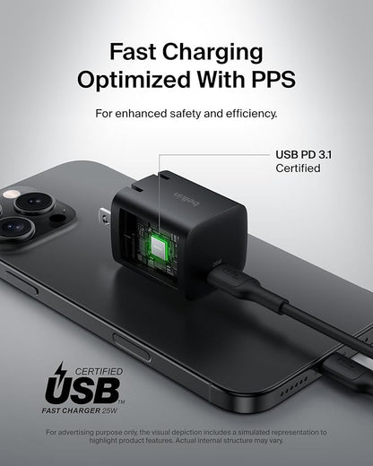 Belkin USB C Charger Block 25W – PD3.0 PPS Super Fast Charging - Samsung Galaxy S25, S24, S23, S22, Apple iPhone 16, iPhone 15/14/13 Plus, Pro, Pro Max, Google Pixel 9, Nintendo Switch, etc - Black