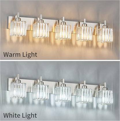 FDPBY Modern Bathroom Vanity Light 5-Lights Brushed Nickel Vanity Light Crystal Wall Light Bathroom Light Fixtures