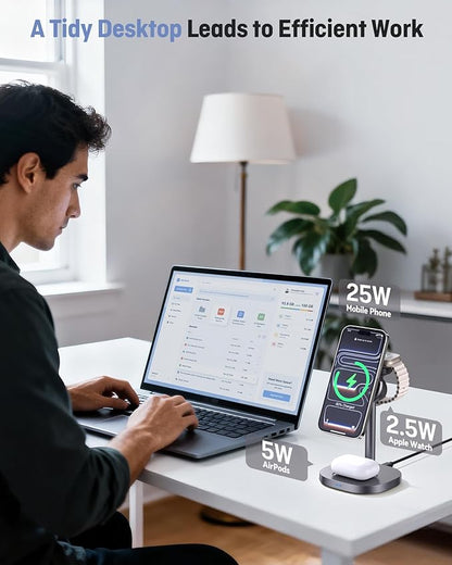Augnner 3 in 1 Wireless Charging Station, Qi2.2 25W Certified Fast Magnetic Charger, Mag-Safe Wireless Charger Stand with TEC Active Cooling, for iPhone17/16/15/14/13/12, Apple Watch/AirPods