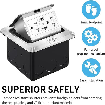Vagueior Recessed Floor Electrical Outlet Kit,Waterproof Electrical Outlet Covcer Box,Hidden 4.8A USB+20A Tamper-Resistant Receptacle Outlet with Slow Elastic Damping ，ETL Certified,Silver (1 Pack)