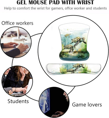 Keyboard Wrist Rest and Mouse Pad Wrist Support Set with Coasters, Non-Slip PU Base Ergonomic Gaming Mousepad for Home Office Working Studying Easy Typing & Pain Relief, Sea Turtle