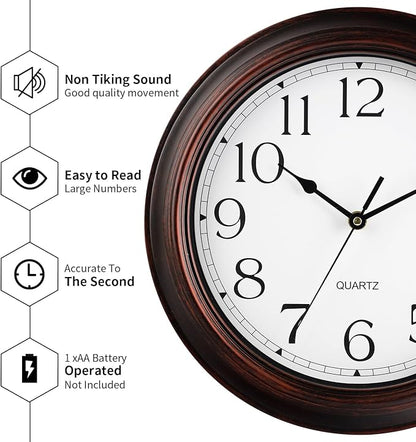 KECYET 12 Inch Wall Clocks Battery Operated Silent Non-Ticking Wall Clock Vintage Retro Rustic Style Decorative for Living Room Kitchen (Bronze)