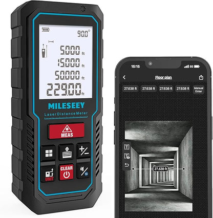 MILESEEY Laser Measurement Tool, 229Ft Laser Measure with Digital Angle Level, Laser Tape Measure with Phone App, Record Data and Make Your own Sketch Support Hand-Drawn Plan/Draw on Picture