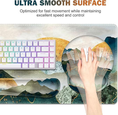 Gaming Mouse Pad, Large Desk Mat, Cute Desk Pad Protector, 4in1 XXL Mousepad +Keyboard Wrist Rest+Mouse Wrist Rest+Coaster Set with Ergonomic Desk Pad for Home Office Table Computer Green Mountain