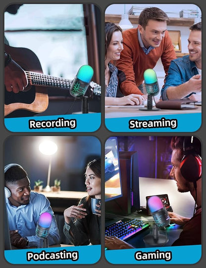 Gaming Microphone, USB Computer Microphone for PC, Mac, PS4/5, Condenser Podcast Mic for Studio Recording, YouTube, Streaming, with Headphone Jack, Led Light, Mute, Gain, Noise Cancellation