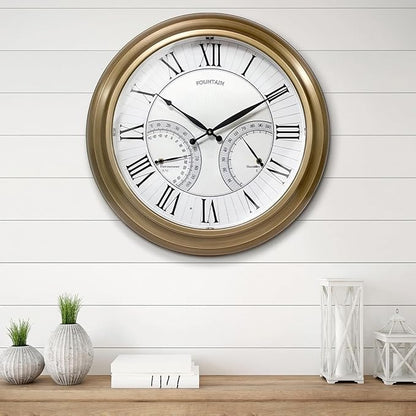 FOUNTAIN DESIGNS 24 Inch in/Outdoor Wall Clock with Temperature and Humidity Combo, Large Outdoor Clock for Patio Large Waterproof with Thermometer,Antique Hamilton Gold Metal