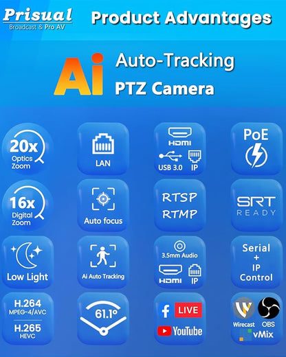 Prisual HDMI PTZ Camera AI Auto-Tracking, 20x Optical Zoom IP USB3.0 PoE HDMI PTZ Camera for Church Services Worship Education Video Conference, PT20X-UL