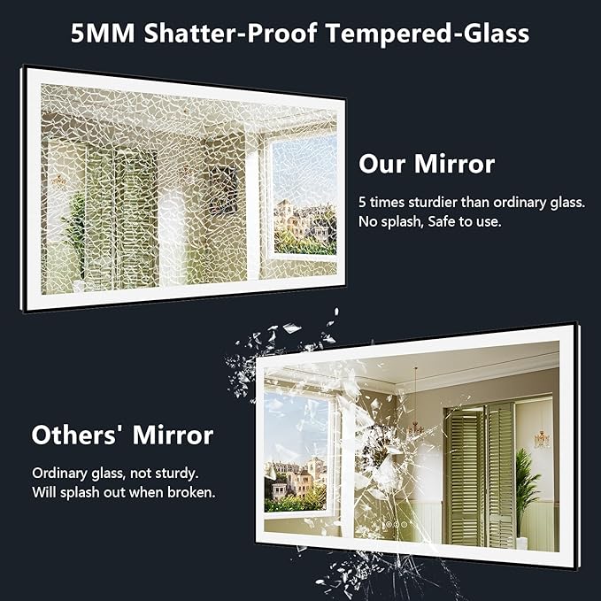 YEELAIT 66x40 Inch LED Bathroom Mirror with Lights (Front Lit and Backlit) Black Framed Lighted Vanity Mirror for Bathroom Wall Dimmable Anti-Fog Memory Tempered Glass Horizontal/Vertical