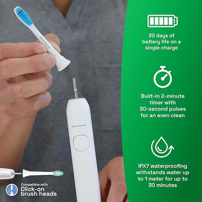 Brushmo Super Sonic Electric Toothbrush with 4 Replacement Heads - Rechargeable Electronic Tooth Brush for Adults with 5 Customizable Modes - IPX7 Waterproof & Long-Lasting Battery - White