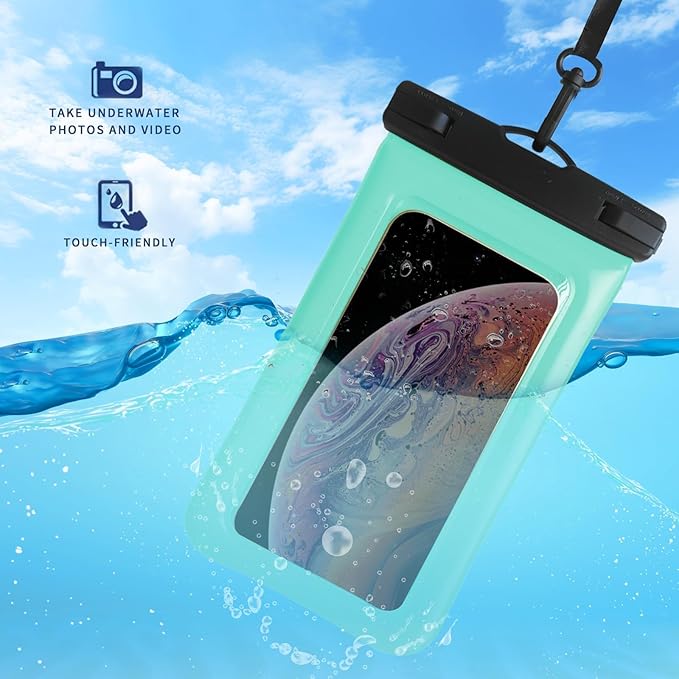 Floatable Soap Bubble Waterproof Phone Pouch/Case with Crossbody Lanyard for iPhone 16 Pro Max/15 Pro/14/13/12, IP68 Cellphone Dry Bag Beach Cruise Ship Essentials, 1 Pack-Green-7″