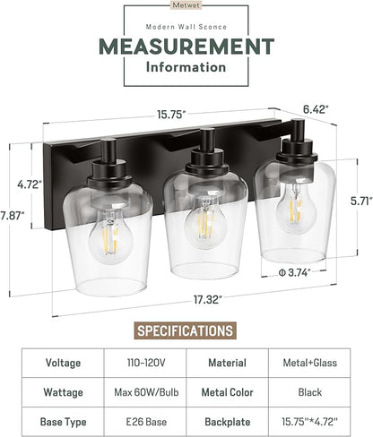 METWET Bathroom Light Fixtures, 3-Light Modern Vanity Light with Clear Glass Wine Glass-Shaped Shade, Vanity Lighting Fixtures Over Mirror, Matte Black, VL155-MB-3