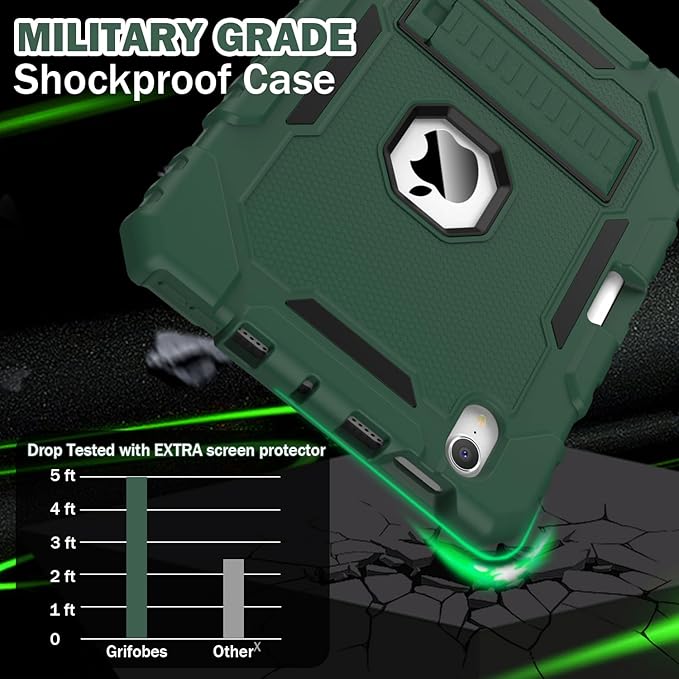 Grifobes Case for iPad Mini 7 (A17 Pro) 2024 / Mini 6 2021 8.3 inch, Heavy Duty Shockproof Rugged Cover with Pencil Holder Stand, for I Pad Mini 7th/6th Gen 8.3" Case for Kids Boys (Deep Green)