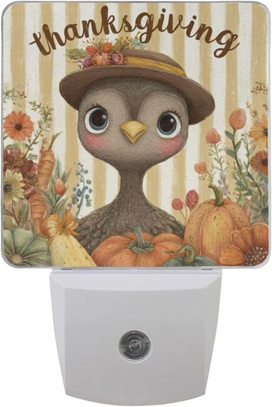 Pigsaly Led Night Light Thanksgiving Cute Turkey Autumn Pumpkins Carrots Wildflowers Night Light Plug in Wall Lamp Smart Dusk to Dawn Sensor Nightlight Led Lamp Energy Saving Lights Gift for Kids Ro