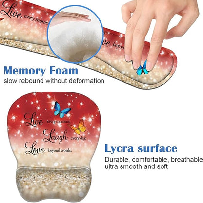 Ergonomic Mouse Pad Wrist Support and Keyboard Wrist Rest Set with Coasters, Non-Slip PU Base, Easy Typing & Pain Relief, Perfect for Home Office Working Studying, Red Glitter Quote Live Laugh Love