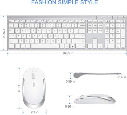 Wireless Keyboard and Mouse, Vssoplor 2.4GHz Rechargeable Compact Quiet Full-Size Keyboard and Mouse Combo with Nano USB Receiver for Windows, Laptop, PC, Notebook-White Silver
