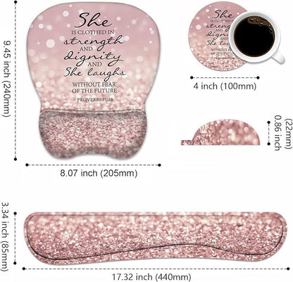 ERWYTYIOI Ergonomic Mouse Pad Wrist Support and Keyboard Wrist Rest Set with Coasters, Non-Slip PU Base, Easy Typing & Pain Relief for Computer Laptop Home Office, Bible Verses Proverbs 31:25