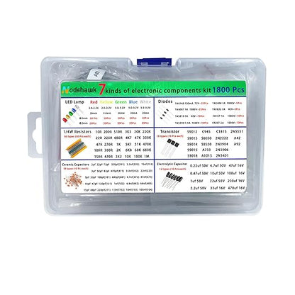 Nodehawk Electronic Component Kit -Total 1800 Pcs, LED Diodes, Resistors, Capacitors, Ceramic Capacitors, Transistors, Diodes - for DIY Projects, Electronics Hobbyists