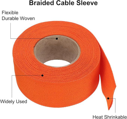 MECCANIXITY Braided Cable Sleeves Heat Shrinkable Fabric Sleeving, 1 1/4" 26ft Orange 2:1 Ratio Heat Shrinkable Cord Protector for Harness Cable, Network Cable Protection, Cable Management