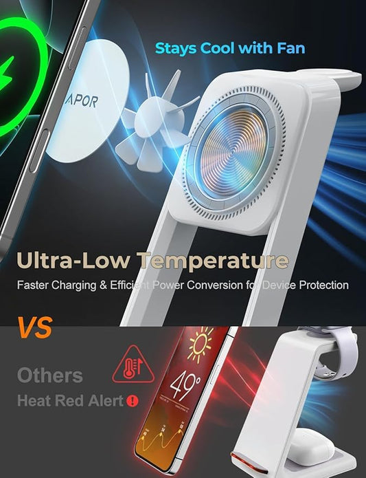 Apor 3 in 1 Charging Station for iPhone, Magsafe Wireless Charger with Cooling Fan for iPhone 17 16e 16 15 14 13 12 Series & Apple Watch Charger, Wireless Charging Station for AirPods 4/3/Pro (White)