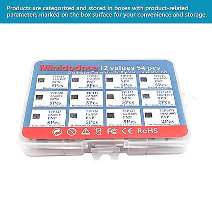 12 Values 54 Pcs Darlington Transistors Bipolar Power Transistor TIP31C TIP32C TIP41C TIP42C TIP120 TIP121 TIP122 TIP125 TIP126 TIP127 TIP142T TIP147T Minidodoca TIP Transistors Assortment Kit