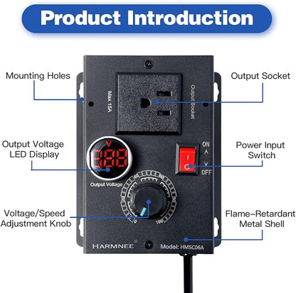 HARMNEE AC Motor Speed Controller 110-120V / 10A Rated / 15A Max, Fan Speed Control AC Electronic Voltage Regulator with Black-Coated Matt Metal Shell & Voltage LED Display Screen