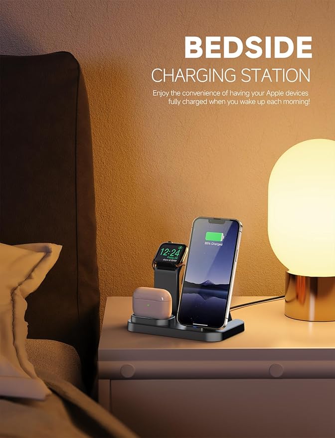 Wireless Charging Station 3 in 1 RJR Compatible with Apple Devices, Charging Dock for iWatch, Built-in Wireless Charger Stand for iPhone Series AirPods Gifts (with 18W Adapter) Graphite Black