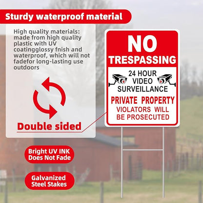 NO Trespassing Signs Private Property Video Surveillance Sign, Large 4-Pack 13"x10" Double-Sided Signs, Corrugated Plastic, H-Metal Stakes, Outdoor Yard Sign for Home and Front Door Land, and Garden, Lawn
