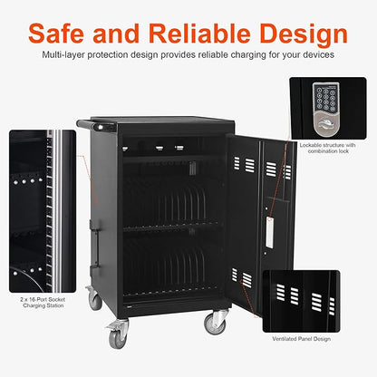 Aokleo Laptop Charging Cart,32 Devices Tablet Storage Carts for pad Up to 16.3" Screen, Classroom Computer Mobile Charging Station for Pads, Chromebooks,Laptops, Updated Password Lock(32 Bay-Black)