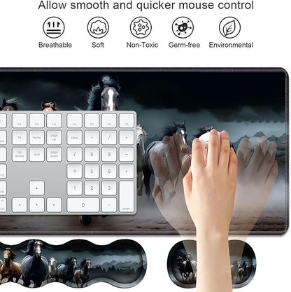 4 in 1 Ergonomic Keyboard Wrist Rest & Mouse Pad Wrist Rest Set, Large XXL Gaming Desk Mat 31.5"x 11.8" with Non-Slip Base, Memory Foam for Home Office Study Gaming, Running Horses