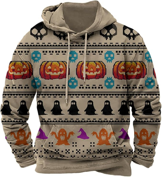 Halloween Hoodie Men Graphic Pumpkin Ghost Printed Sweatshirt Casual Trendy Long Sleeve Halloween Hooded Tops with Pockets