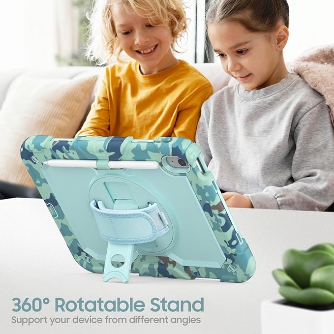 SCSVPN Kids Case for iPad (A16) 11th/10th Generation 11/10.9 inch 2025/2022, Shockproof Rugged Cute Rainbow Cover for iPad 11/10 with Pencil Holder, 360 Rotating Stand, Hand/Shoulder Strap, Camo Blue